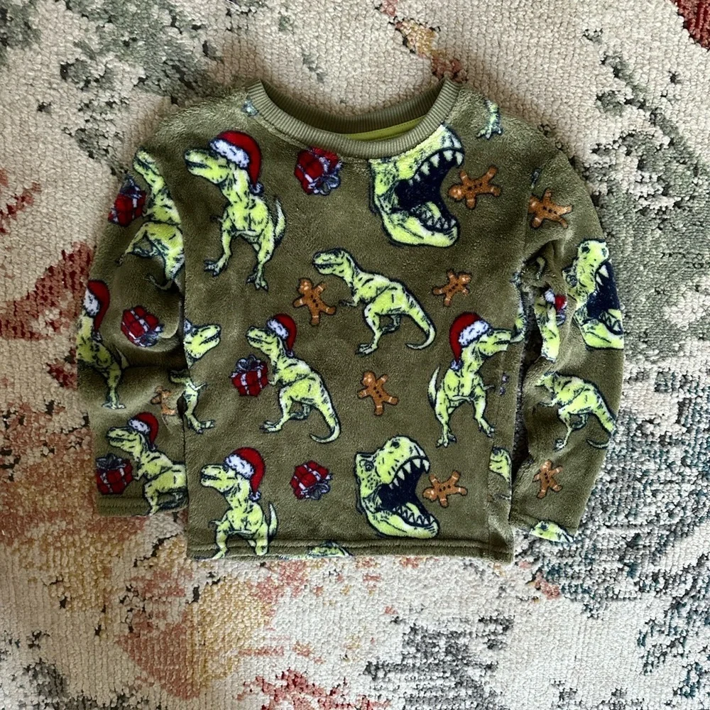Cat & Jack Dinosaur Christmas Fleece Cozy Pullover EUC XS (4/5) So soft